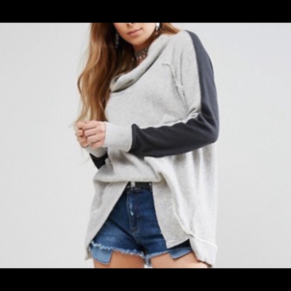 Free People Sweater Cowl Turtleneck Pullover Oversized Mixed Media Raw Grey
